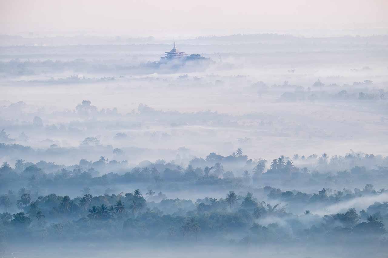 Watercolor view of foggy morning landscape. Hpa An, Myanmar (Bur